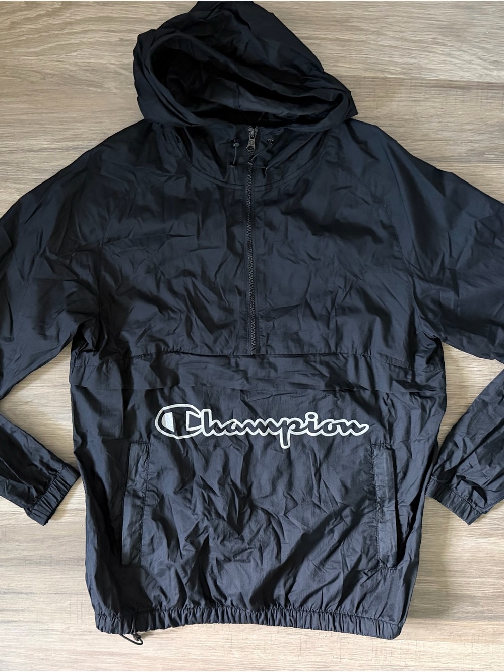 Champion Black Hooded Windbreaker with White Logo